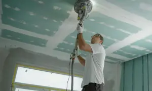 Hombre lijando techo de yeso, preparándolo para el aislante.