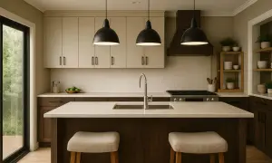 Cocinas pequeñas y bonitas con isla central, encimeras claras y gabinetes de madera oscura. Tres lámparas colgantes negras iluminan el espacio.