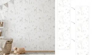 Un delicado diseño de ciervos, conejos y ardillas para empapelar pared, creando un ambiente de cuento de hadas.