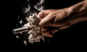 Puño aplastando un cigarrillo con humo, simbolizando cómo quitar el olor a tabaco de la casa.
