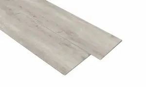 Dos tablas de vinilo autoportante con acabado de madera gris claro, listas para instalar.