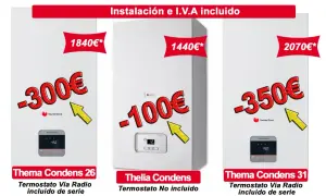 Variedad de tipos de calderas Saunier Duval con descuentos. Modelos Thema Condens 26 y 31 con termostato incluido, y Thelia Condens sin termostato.