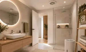 Deshumidificador blanco en baño moderno, ideal para saber como sacar la humedad del baño sin ventilación.