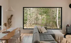 Comedor y sala con vista a bosque. Aprende como limpiar cristales para mantener esta vista impecable.