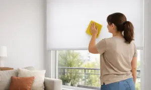 Mujer limpiando estores enrollables blancos con un paño amarillo. Consejos para como limpiar estores enrollables y mantener tu hogar impecable.