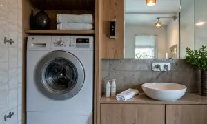 Lavaderos ideas: lavadora blanca junto a lavabo moderno con grifería empotrada y detalles en madera.