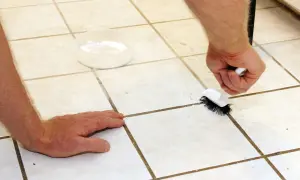 Persona usa un cepillo para limpiar juntas del suelo. Un recipiente con polvo blanco está cerca.