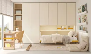Acogedor dormitorio juvenil con cama, escritorio y amplios armarios. Un espacio perfecto para estudiar y descansar.