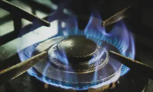 Llama azul arde en quemador de cocina, símbolo de la vida útil de una caldera de gas.