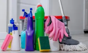 Un surtido de 25 productos de limpieza del hogar, incluyendo botellas rociadoras, esponjas, guantes rosas y un trapeador, listos para dejar tu casa reluciente.