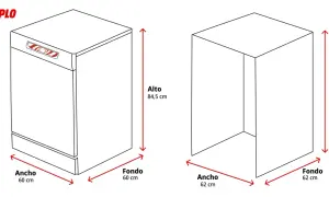 Diagrama con las medidas lavavajillas: alto 84,5 cm, ancho 60 cm, fondo 60 cm. Otro modelo: alto 85,2 cm, ancho 62 cm, fondo 62 cm.
