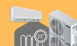 Unidad interior y exterior de aire acondicionado. Disfruta de una calefacción eléctrica más eficiente a 25 grados.