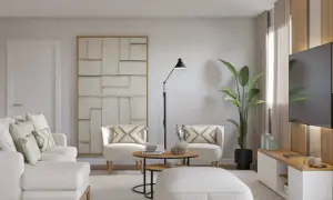 Un salón moderno y luminoso, ideal para aprender como decorar un salón con muebles blancos. Sofá, sillones y pouf blancos, con detalles en madera y arte abstracto.