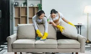 Dos mujeres con guantes amarillos limpian un sofá beige. Una rocía limpiador y frota con un paño, la otra levanta un cojín.