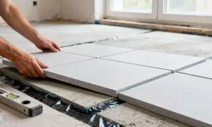 Man colocando placas de aislamiento en el suelo. Se ve una burbuja de nivel.