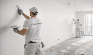 Profesionales aplicando yeso para alisar paredes. Un trabajador usa una llana para un acabado perfecto.