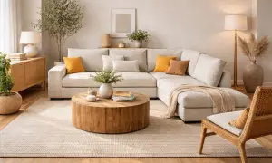Sofá modular beige, mesa de centro de madera rústica, alfombra de yute y silla de mimbre crean un ambiente acogedor con estilo boho decoración.