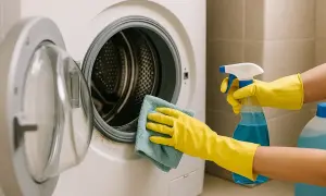 Manos con guantes amarillos limpian la lavadora con un paño azul y spray.