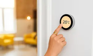 Dedo ajustando el termostato a 20°C, controlando la calefacción inteligente del hogar.