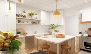 Ideas para como diseñar una cocina moderna y funcional: encimeras de mármol, gabinetes blancos, isla central y acentos dorados.