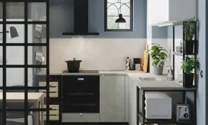 Cocina estrecha y pequeña con electrodomésticos modernos, plantas y una ventana con rejas.