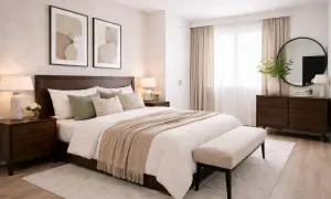 Dormitorio con muebles oscuros y paredes claras. Cama con mantas beige, mesitas de noche y un banco a los pies.