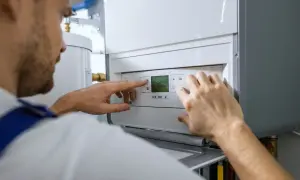 Técnico ajustando la temperatura en una caldera de gas nueva.
