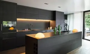 Elegantes cocinas negras con isla central, encimeras de cuarzo, dos cactus decorativos y lámparas modernas.