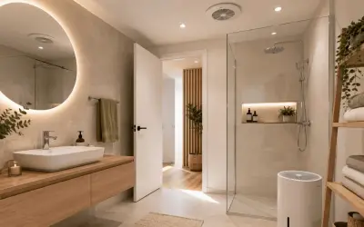 Deshumidificador blanco en baño moderno, ideal para saber como sacar la humedad del baño sin ventilación.