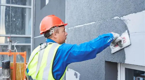 Obrero con casco naranja aplica mortero para como aislar una fachada exterior.