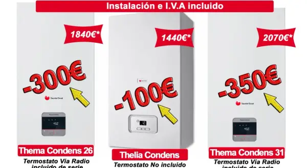 Variedad de tipos de calderas Saunier Duval con descuentos. Modelos Thema Condens 26 y 31 con termostato incluido, y Thelia Condens sin termostato.