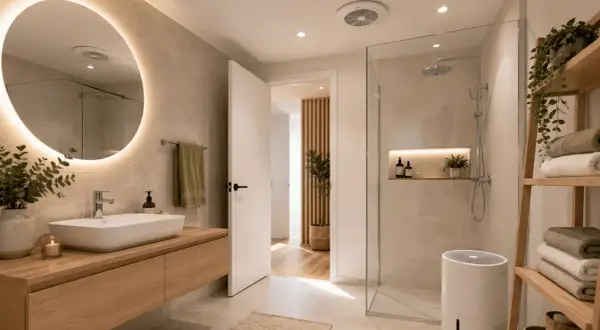 Deshumidificador blanco en baño moderno, ideal para saber como sacar la humedad del baño sin ventilación.