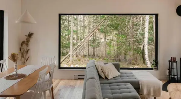 Comedor y sala con vista a bosque. Aprende como limpiar cristales para mantener esta vista impecable.