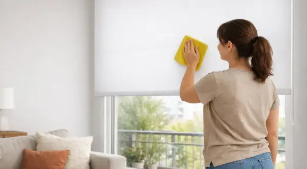 Mujer limpiando estores enrollables blancos con un paño amarillo. Consejos para como limpiar estores enrollables y mantener tu hogar impecable.