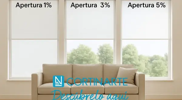 Tres ventanas con persianas de **tejido screen** de diferentes aperturas (1%, 3%, 5%) sobre un sofá beige.