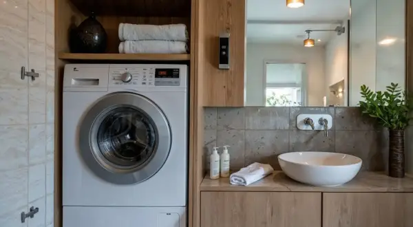 Lavaderos ideas: lavadora blanca junto a lavabo moderno con grifería empotrada y detalles en madera.