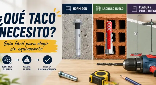 Guía para elegir los tipos de tacos para pared: hormigón, ladrillo hueco y pladur. Identifica tu pared, valora el peso y elige la fijación adecuada.