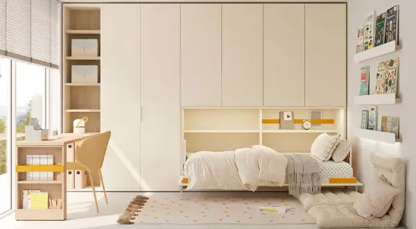 Acogedor dormitorio juvenil con cama, escritorio y amplios armarios. Un espacio perfecto para estudiar y descansar.