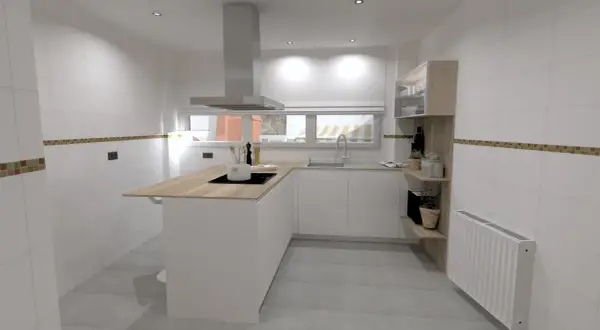 Cocinas con península modernas, blancas y de madera, con encimera de madera, campana extractora y estanterías.