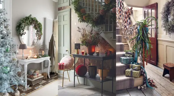 Ideas para decorar recibidor navidad: árbol nevado, guirnaldas en escaleras, coronas y regalos.