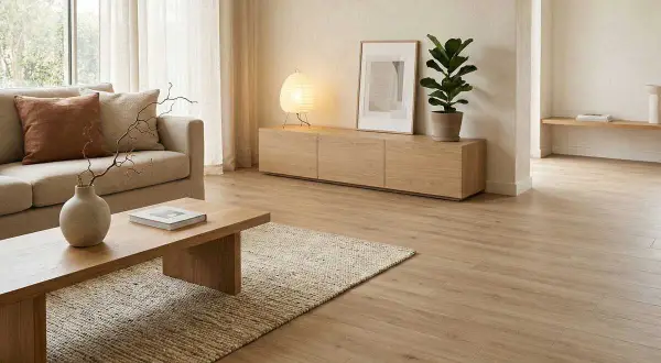 Salón con sofá beige, mesa de centro de madera y alfombra de yute. La decoración japandi se realza con una lámpara de papel y una planta.