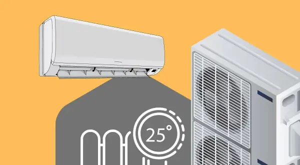 Unidad interior y exterior de aire acondicionado. Disfruta de una calefacción eléctrica más eficiente a 25 grados.