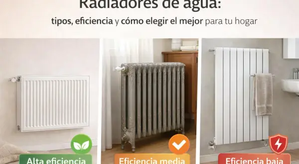 Tres radiadores de agua: uno moderno de alta eficiencia, uno clásico de eficiencia media y uno blanco de baja eficiencia.