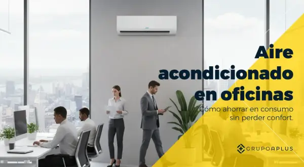 Oficina moderna con aire acondicionado. Personas trabajando, optimizando el consumo sin perder confort.