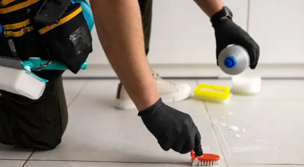 Persona con guantes negros frota las juntas de los azulejos con un cepillo naranja, aplicando un producto para blanquear juntas azulejos.