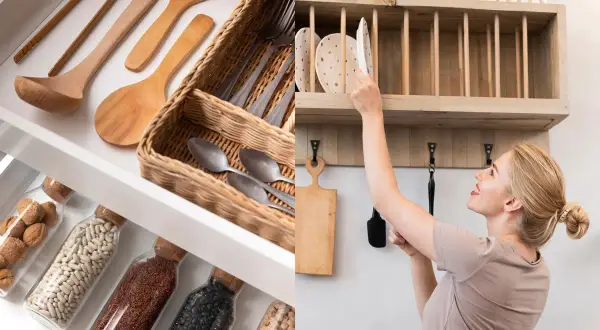 Organizar cocina: cajón con utensilios de madera y frascos de legumbres, y mujer colocando platos en estante.