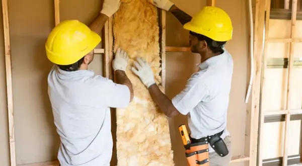 Dos obreros instalan materiales aislantes en una pared de construcción.