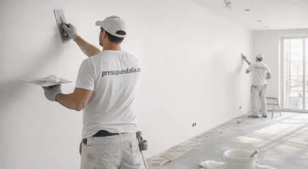 Profesionales aplicando yeso para alisar paredes. Un trabajador usa una llana para un acabado perfecto.