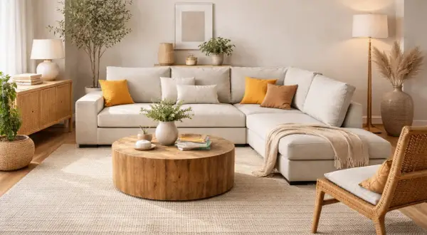 Sofá modular beige, mesa de centro de madera rústica, alfombra de yute y silla de mimbre crean un ambiente acogedor con estilo boho decoración.