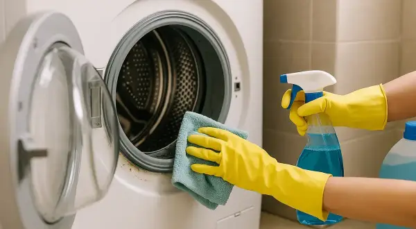 Manos con guantes amarillos limpian la lavadora con un paño azul y spray.